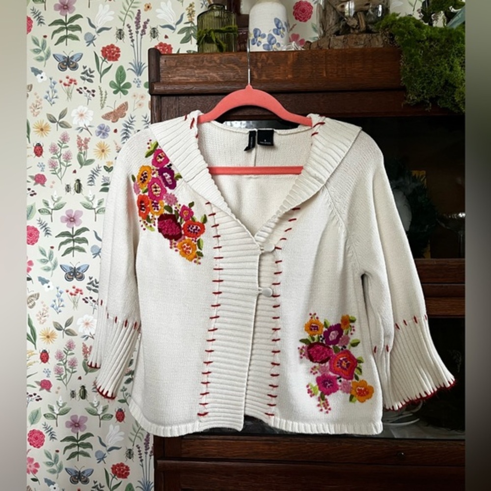 Vintage Cream Embroidered Cardigan Y2K